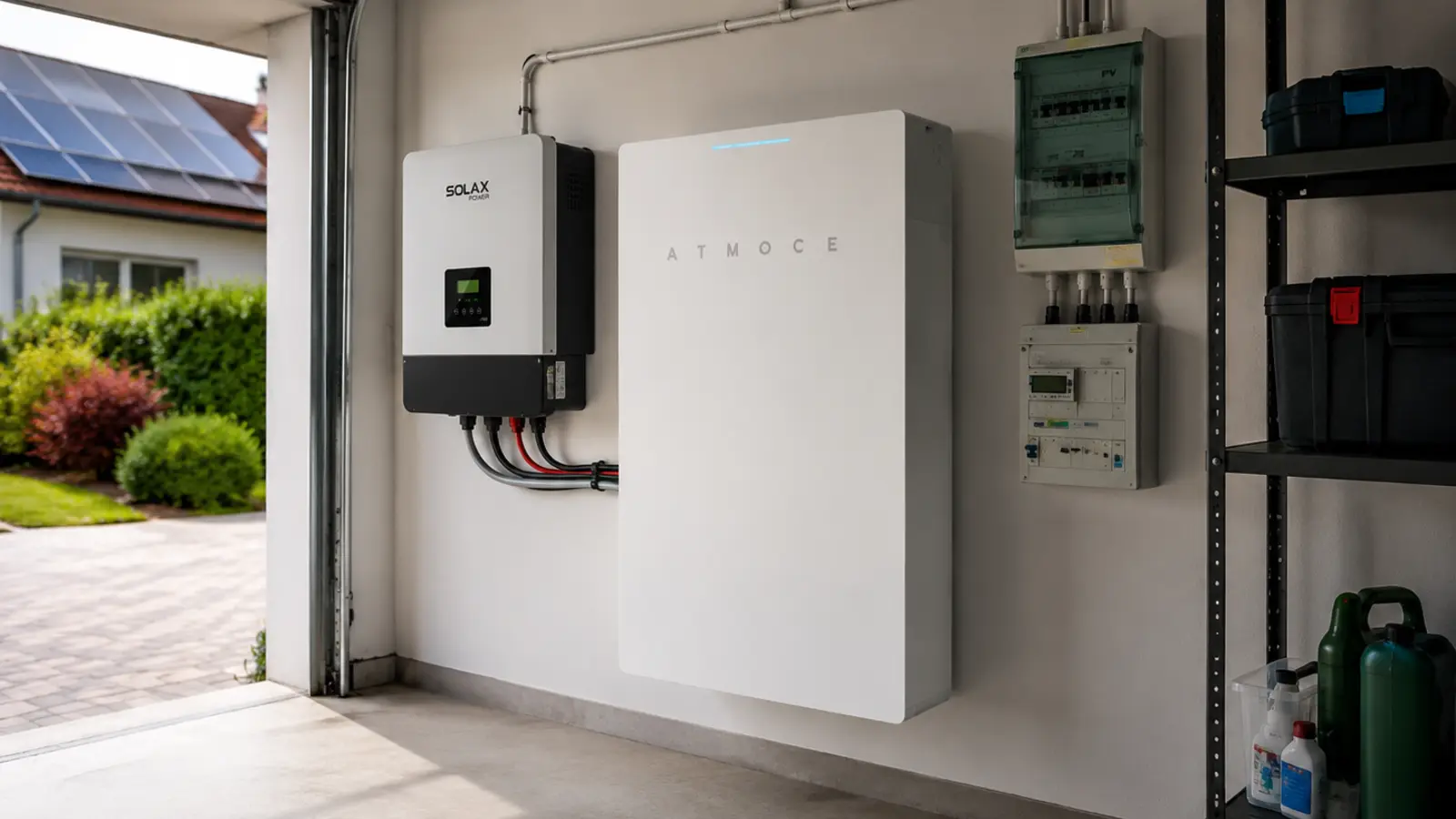 Batterie de stockage résidentielle installée avec onduleur solaire et tableau électrique