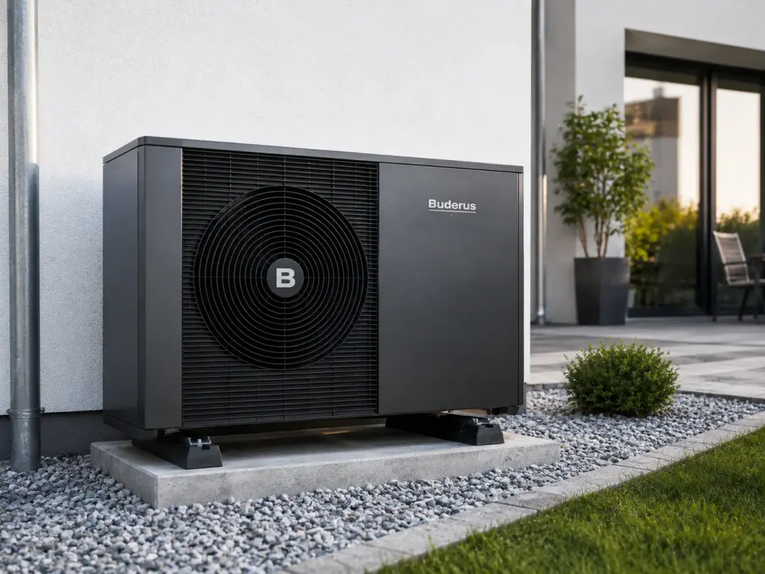 Pompe à chaleur extérieure installée devant une maison moderne